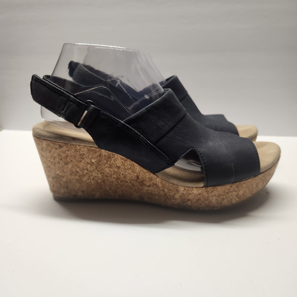 Clarks Collection Annadel Eirwyn Navy Blue Leather‎ Cork Wedge Sandals Womens 10